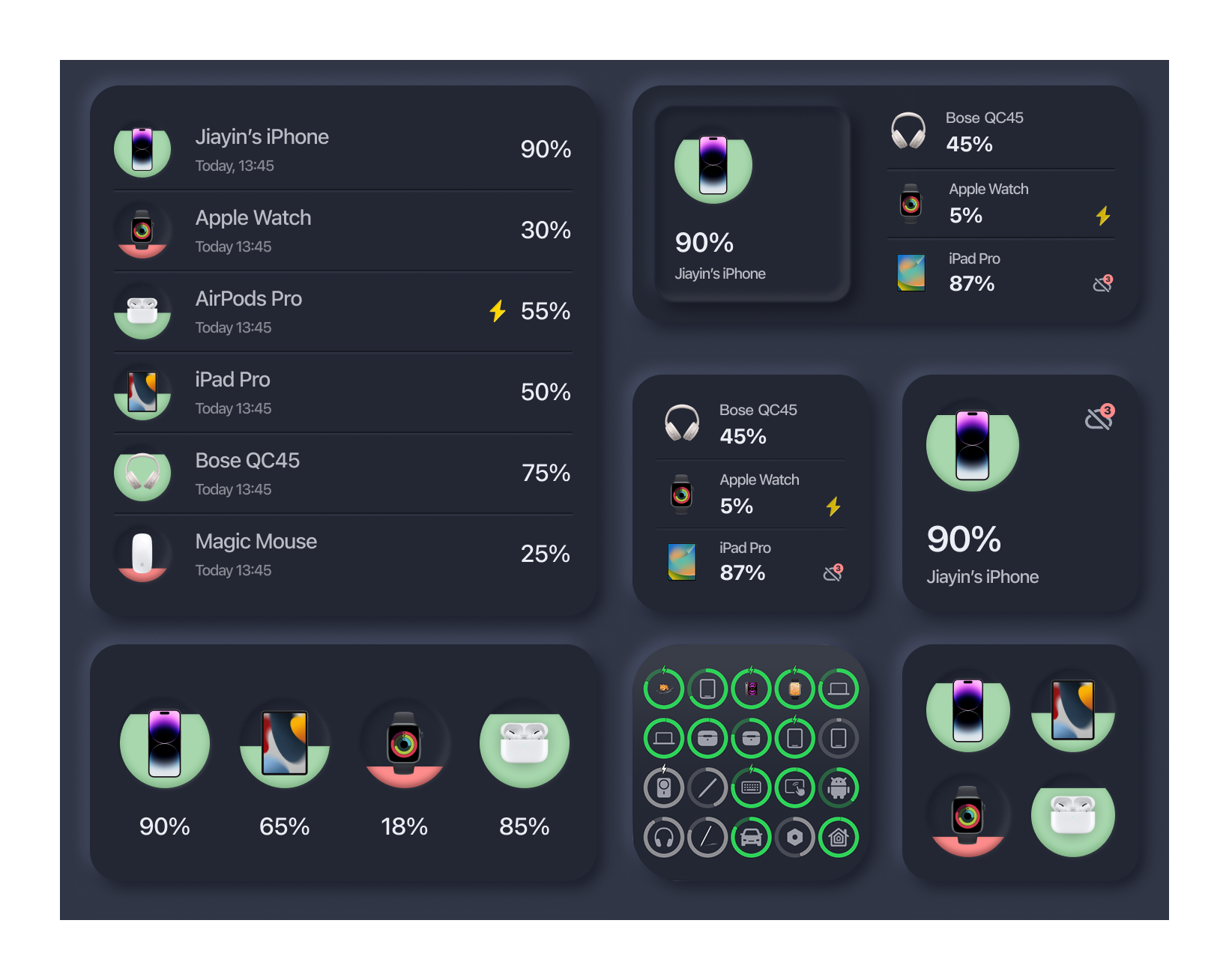 AllMyBatteries widget examples showing battery levels for multiple devices